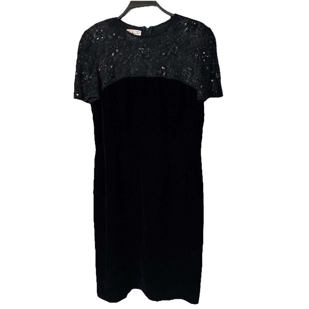 Vintage Talbots Fitted Beaded Lace and Velour Black Dress Size 10 Glam Gothic